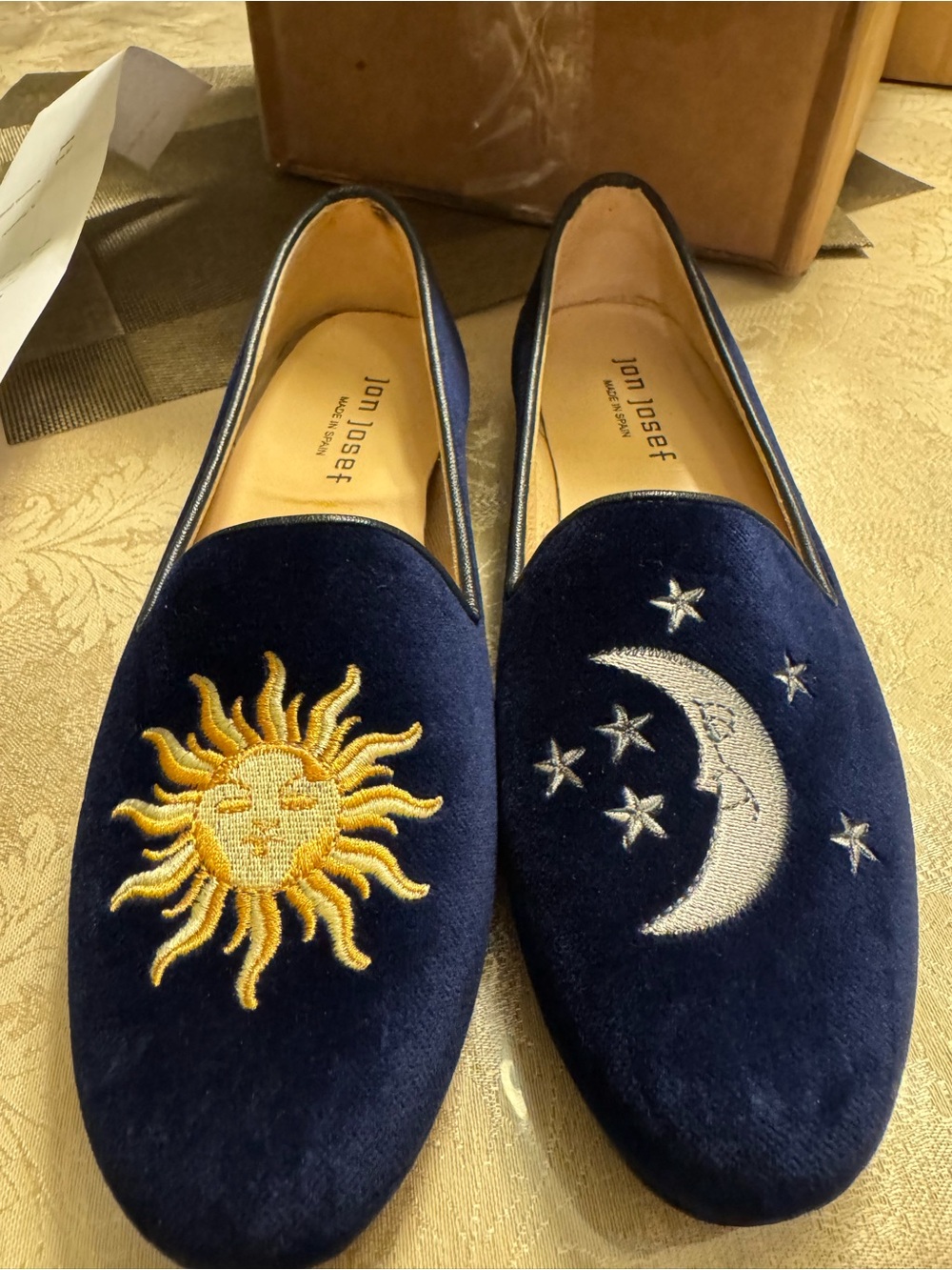 UNIQUE Jon Josef Gatsby Sun Moon Celestial Navy Velvet Loafers Flats Spain 6.5M